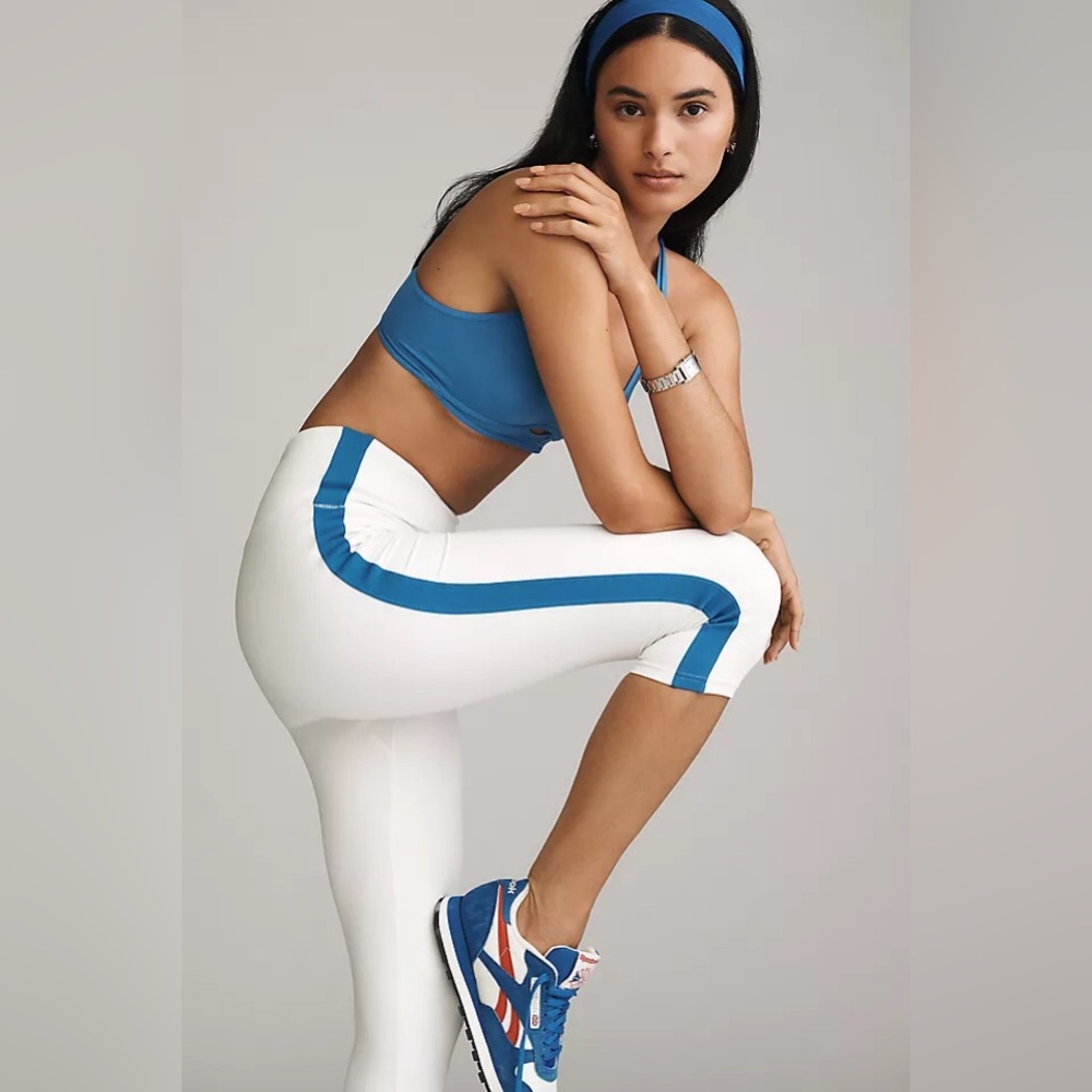 NWT Anthropologie Daily Practice White Chalk Leggings with blue Trim Small